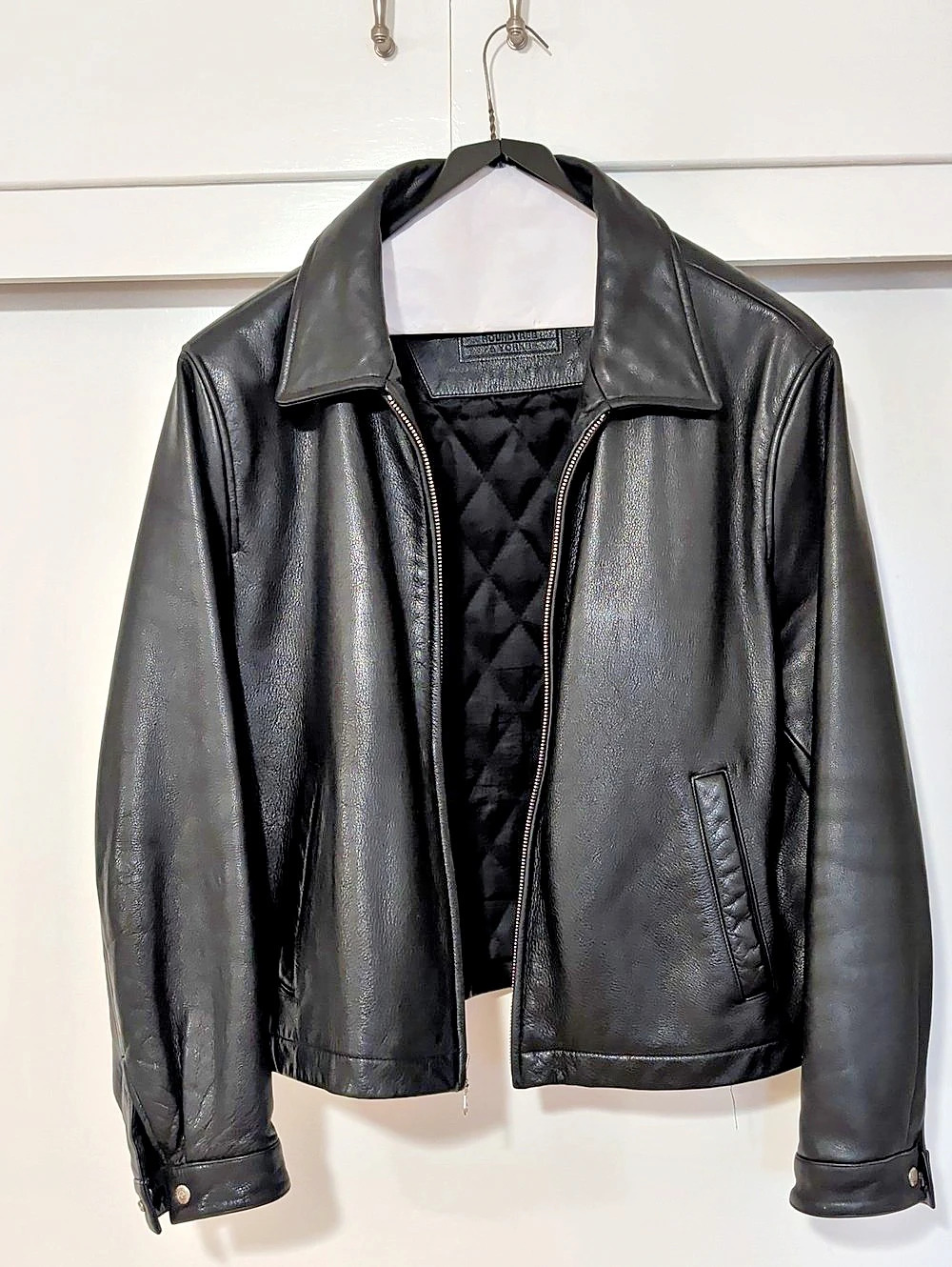 Roundtree & Yorke Black Genuine Leather Jacket Size L Quilted Lining